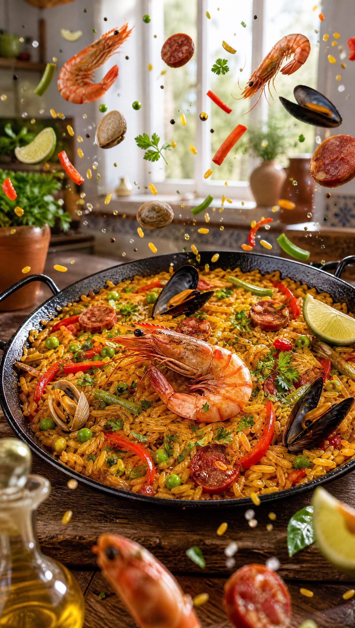 Paella española con camarones jumbo, mejillones y chorizo recién servida