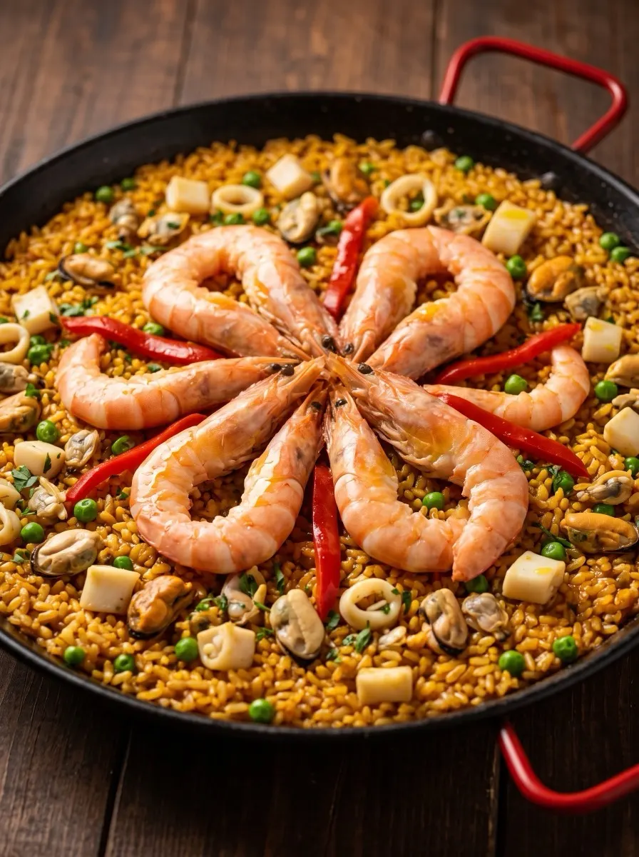 Paella Al Señoret Premium con camarones jumbo pelados, calamares en trozos, mejillón y almeja sin concha, el doble de mariscos y carnes