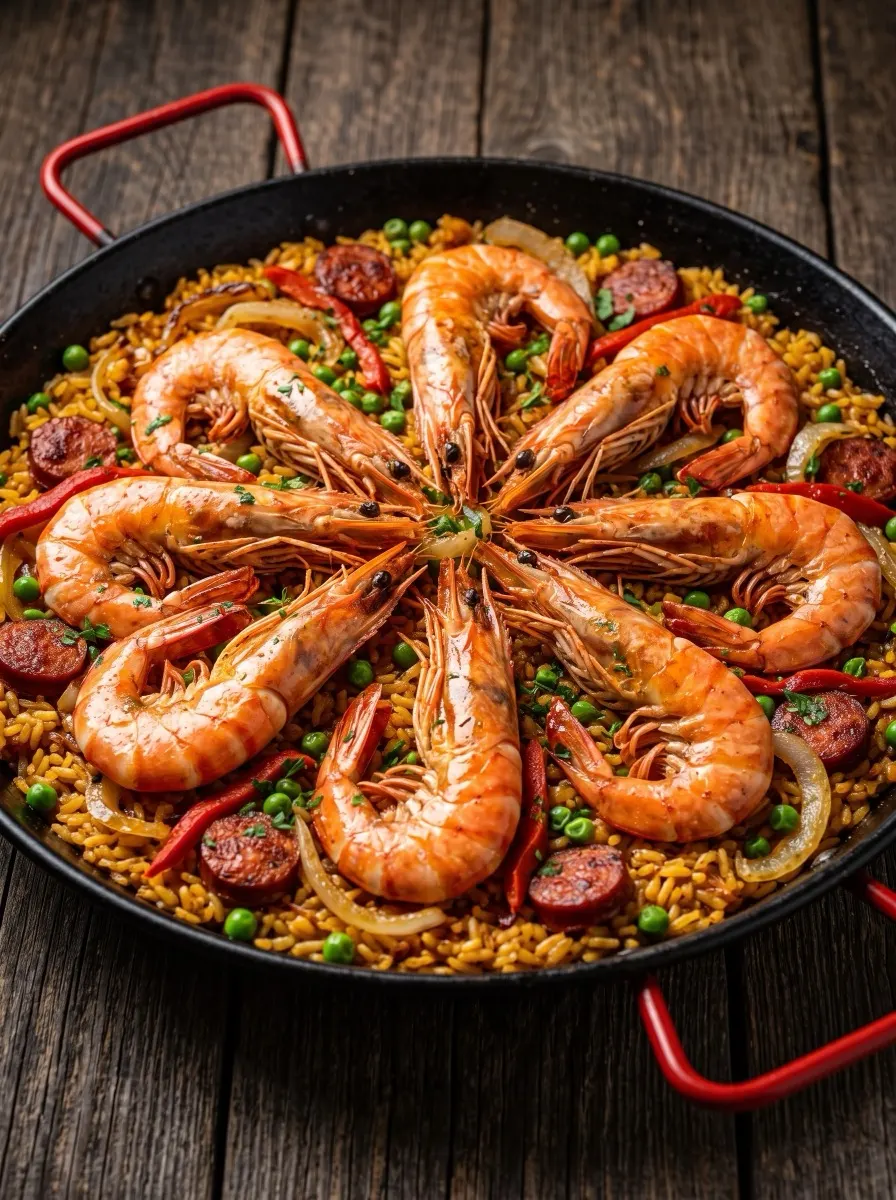 Camarones y Chistorra Premium con cebollas asadas, el doble de mariscos y carnes