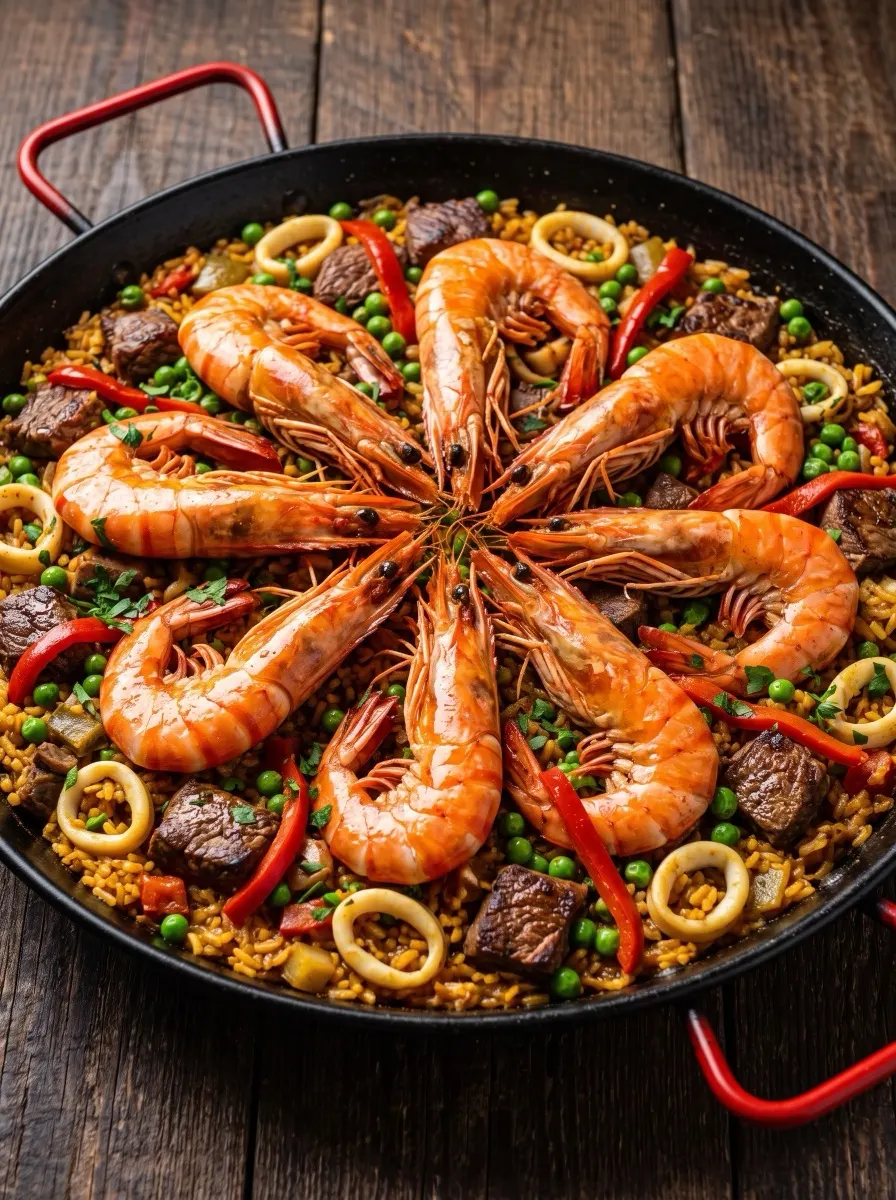 Paella Mar y Tierra Premium con camarones jumbo, calamares y lomito al ajillo, el doble de mariscos y carnes