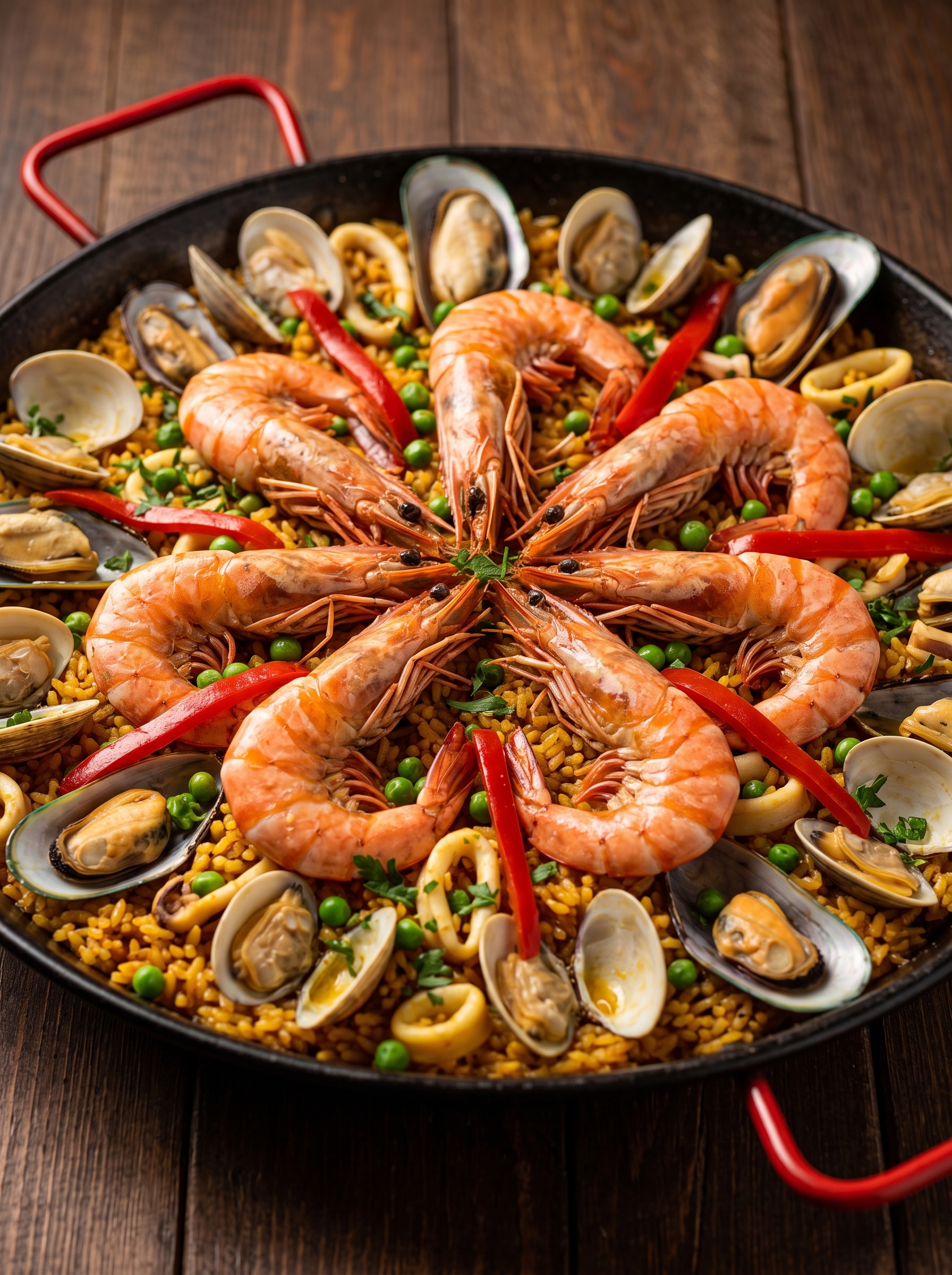 Paella de Mariscos con camarones jumbo, calamares, mejillones y almejas