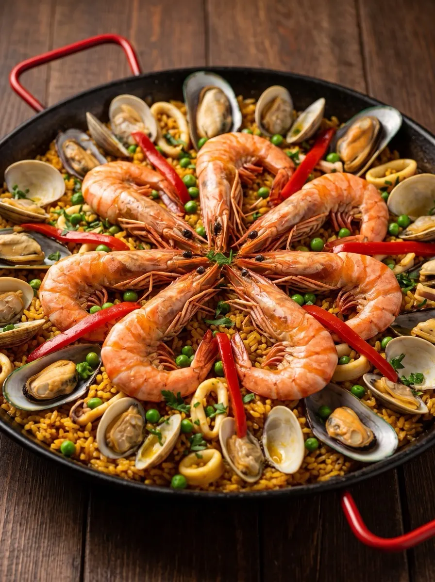 Paella de Mariscos Premium con camarones jumbo, calamares, mejillones y almejas, el doble de mariscos y carnes