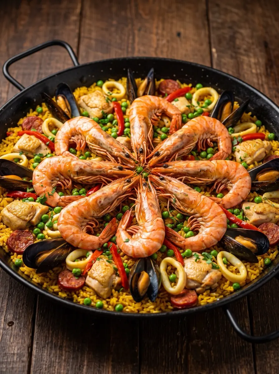 Paella Mixta Premium con pollo, chorizo, camarones jumbo, calamares y mejillones, el doble de mariscos y carnes