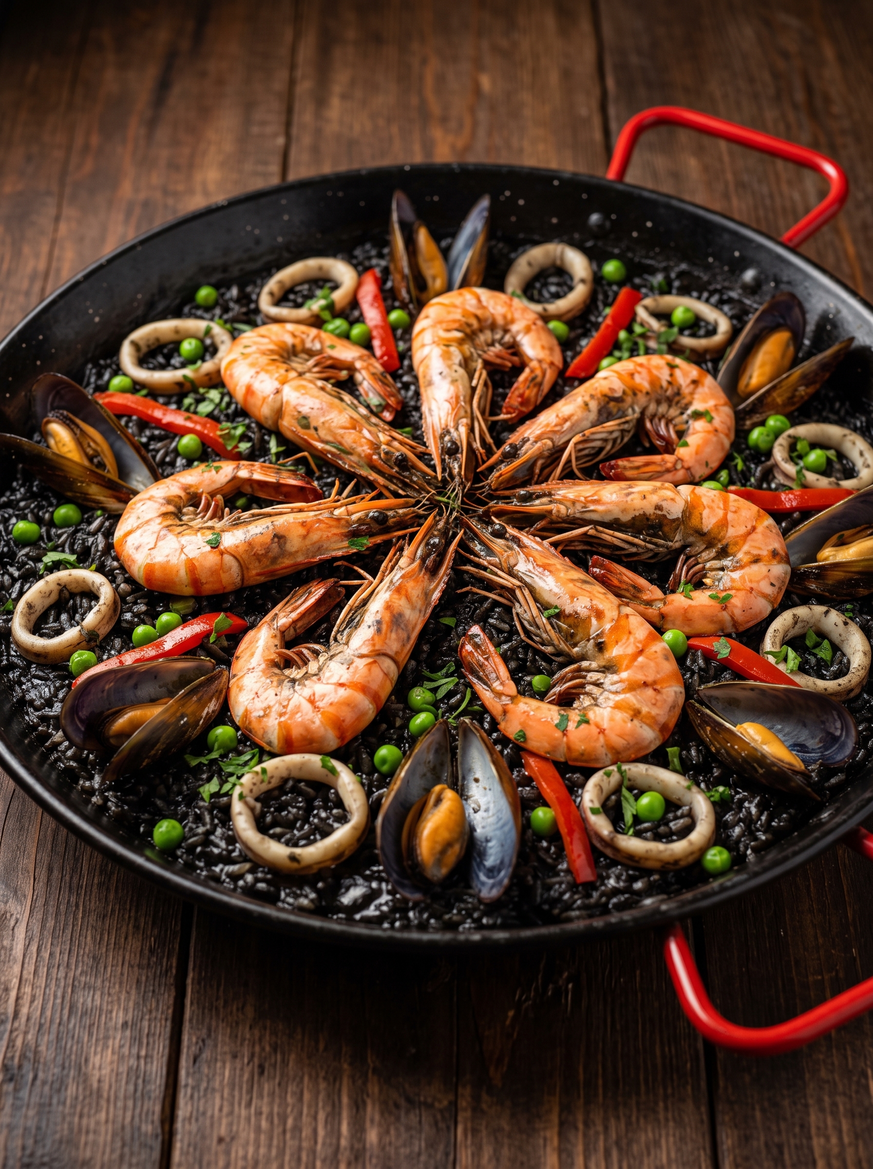 Paella Negra con tinta de calamar, calamares, camarones jumbo y mejillones