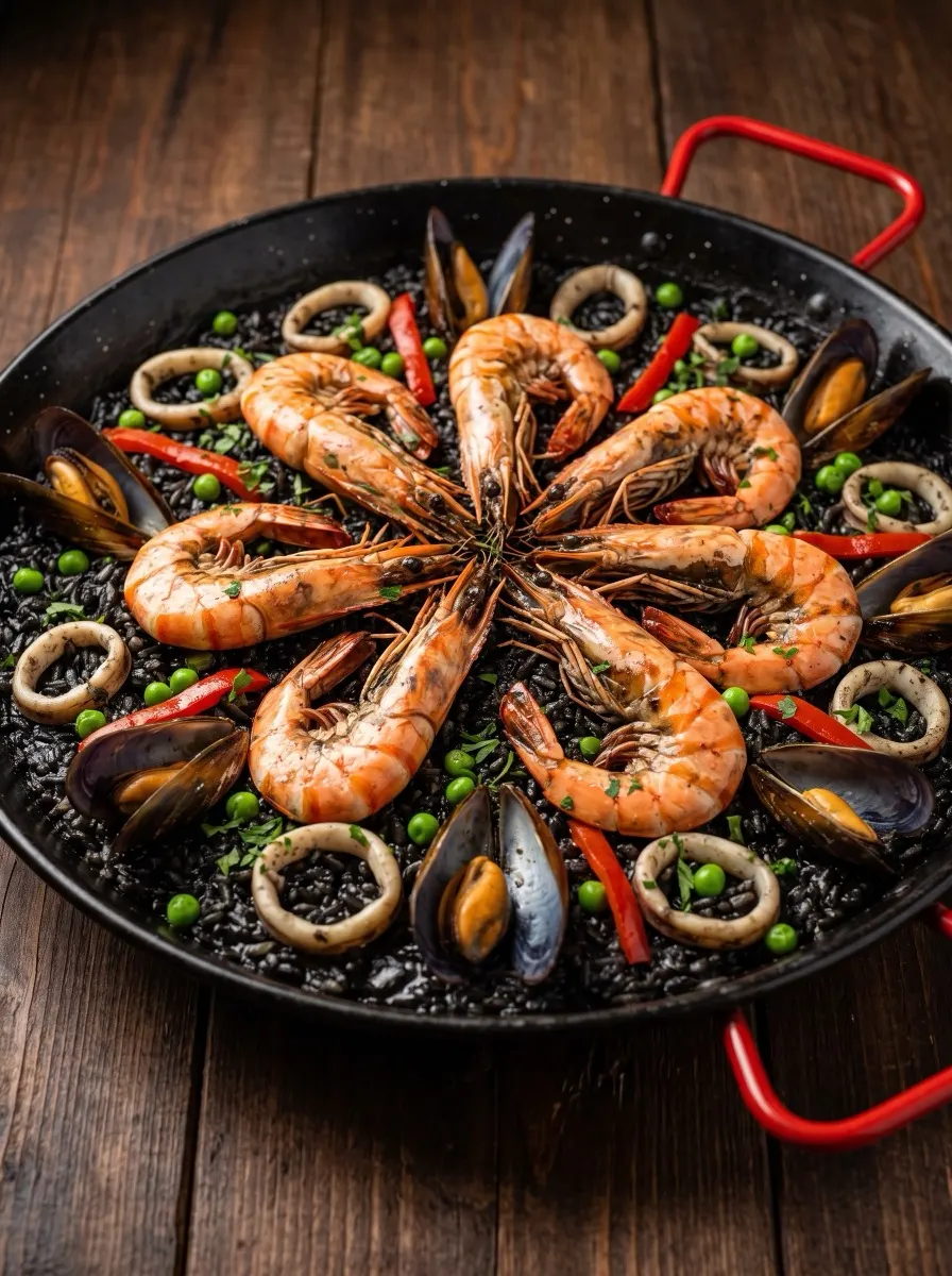 Paella Negra Premium con tinta de calamar, calamares, camarones jumbo y mejillones, el doble de mariscos y carnes
