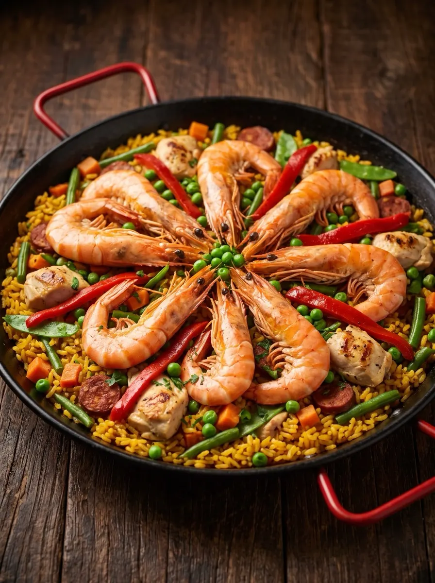 Paella Valenciana Premium con chorizo, pollo, ejote, zanahoria y arveja china, el doble de mariscos y carnes